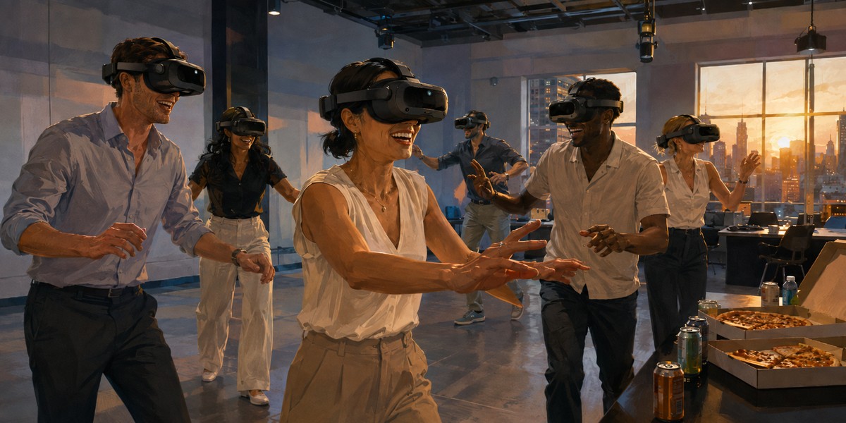 A work team sharing a free-roam VR outing with pizza after the session